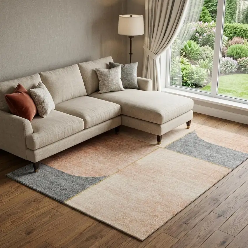 Coral Gray And Gold Geometric Washable Area Rug With UV Protection Photo 1