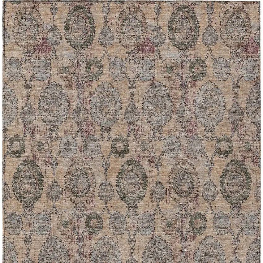 Coral Gray And Green Damask Washable Indoor Outdoor Area Rug Photo 7