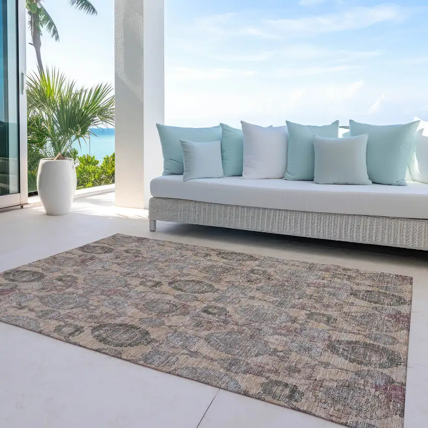Coral Gray And Green Damask Washable Indoor Outdoor Area Rug Photo 8