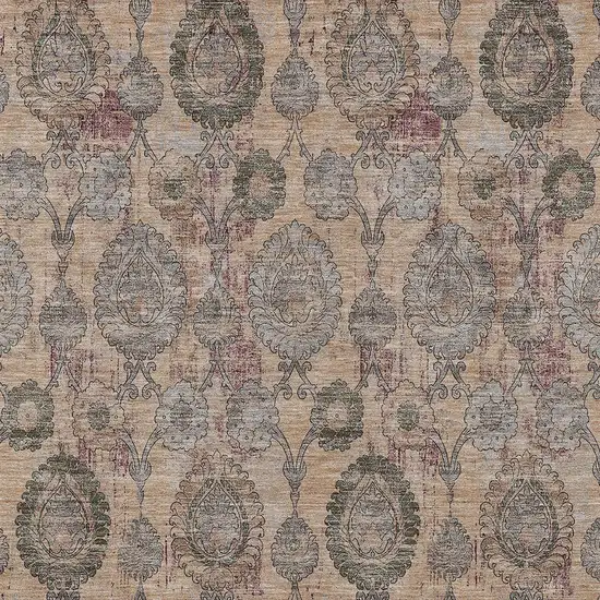 Coral Gray And Green Damask Washable Indoor Outdoor Area Rug Photo 6