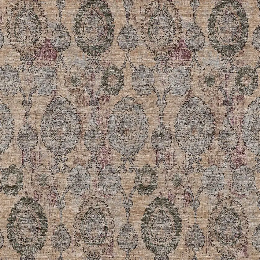Coral Gray And Green Damask Washable Indoor Outdoor Area Rug Photo 6