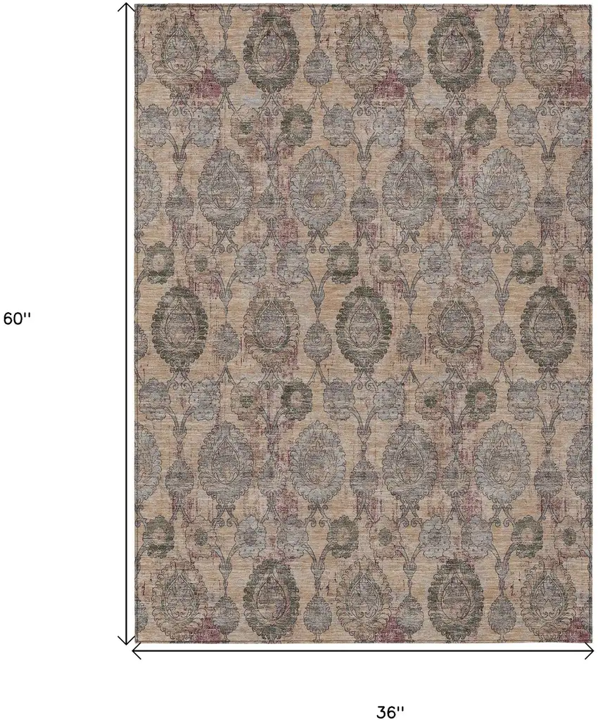 Coral Gray And Green Damask Washable Indoor Outdoor Area Rug Photo 3