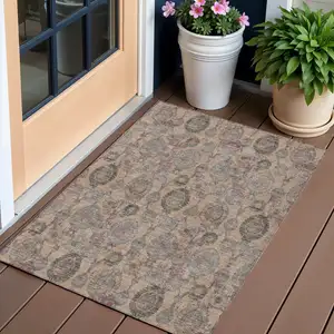 Photo of Coral Gray And Green Damask Washable Indoor Outdoor Area Rug