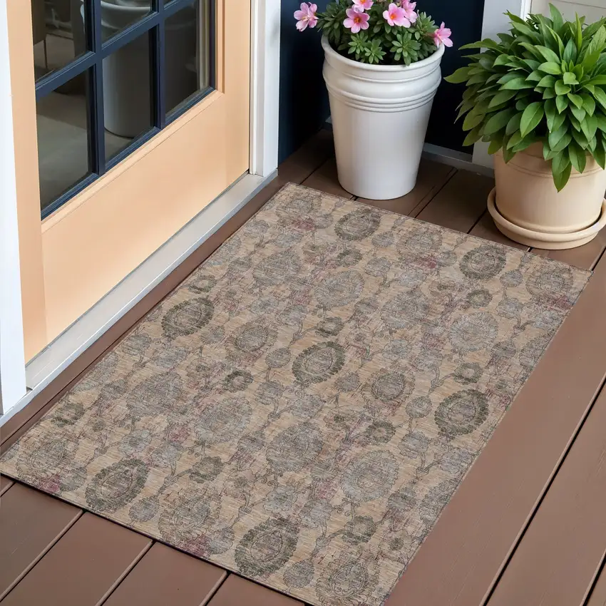 Coral Gray And Green Damask Washable Indoor Outdoor Area Rug Photo 1