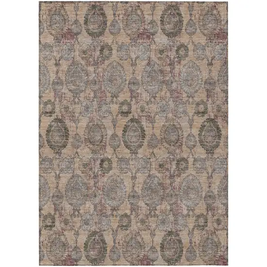 Coral Gray And Green Damask Washable Indoor Outdoor Area Rug Photo 2
