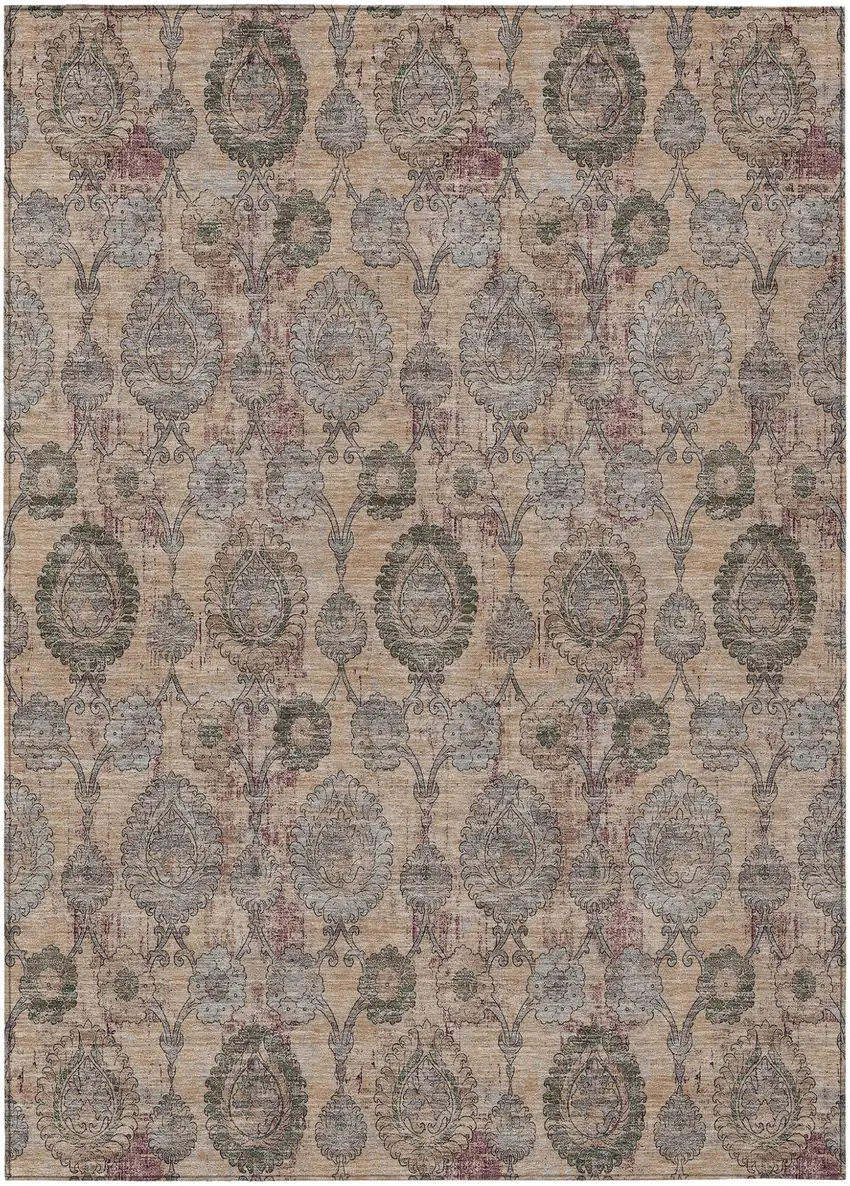 Coral Gray And Green Damask Washable Indoor Outdoor Area Rug Photo 2