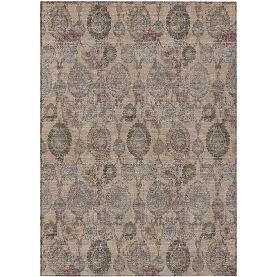 Coral Gray And Green Damask Washable Indoor Outdoor Area Rug Photo 2