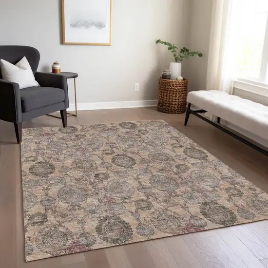 Coral Gray And Green Damask Washable Indoor Outdoor Area Rug Photo 9