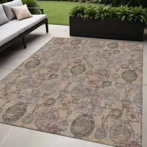 Photo of Coral Gray And Green Damask Washable Indoor Outdoor Area Rug