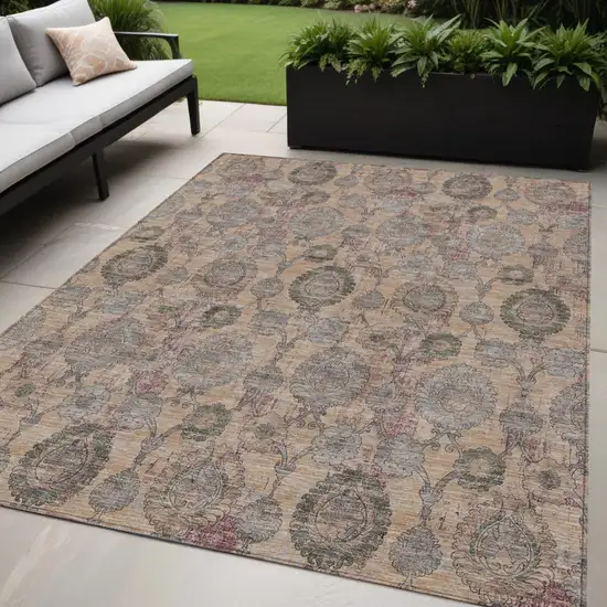 Coral Gray And Green Damask Washable Indoor Outdoor Area Rug Photo 1