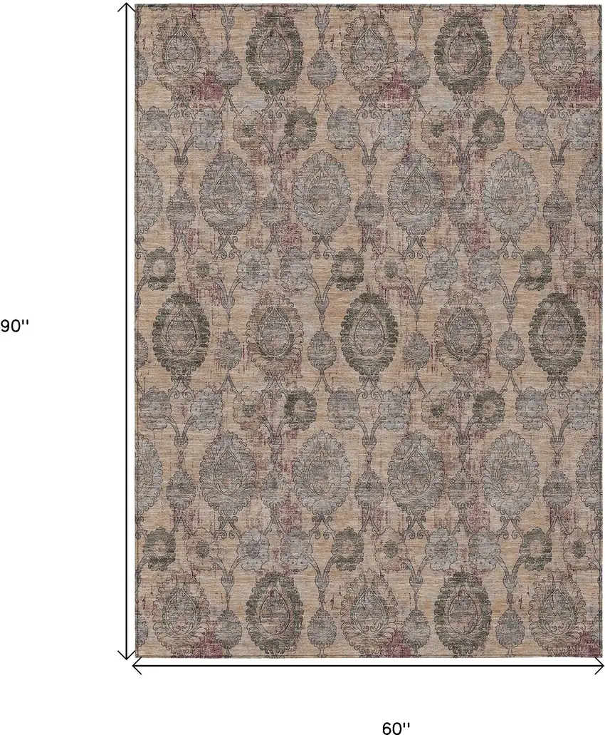 Coral Gray And Green Damask Washable Indoor Outdoor Area Rug Photo 3