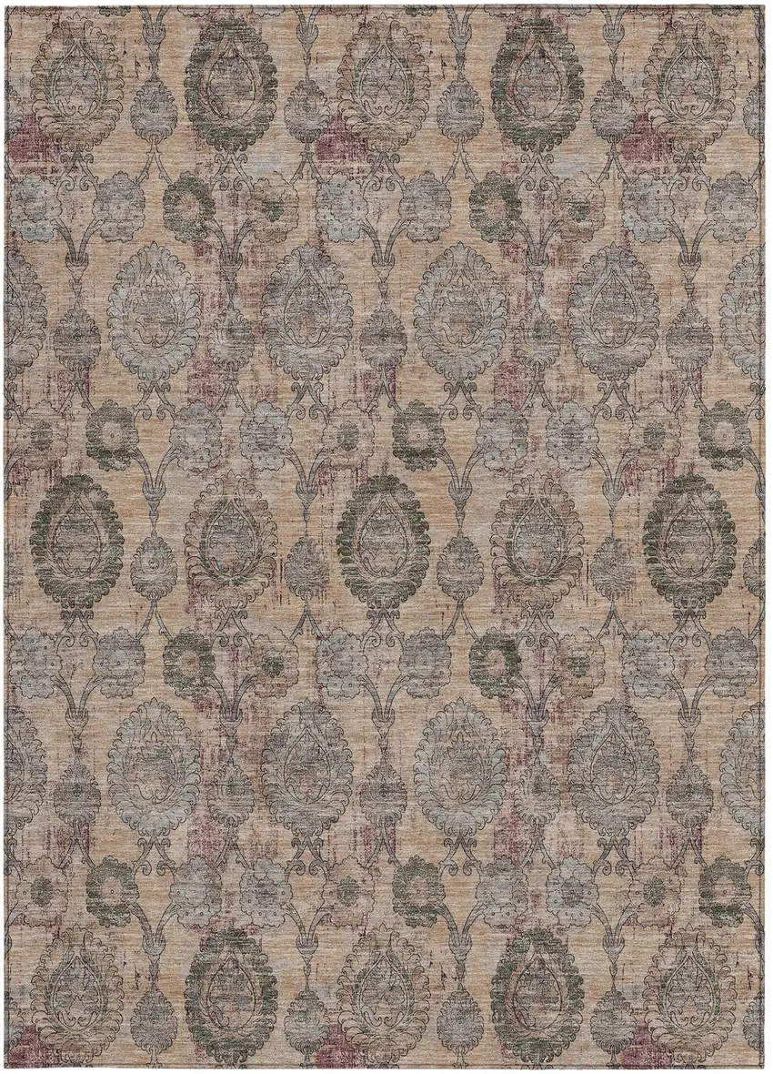 Coral Gray And Green Damask Washable Indoor Outdoor Area Rug Photo 6