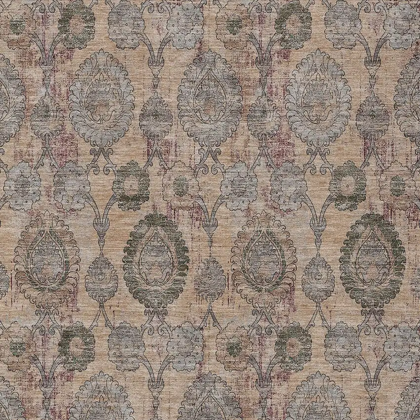 Coral Gray And Green Damask Washable Indoor Outdoor Area Rug Photo 6