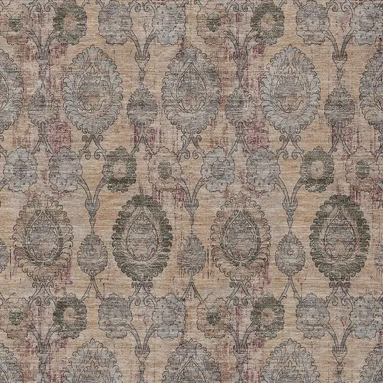 Coral Gray And Green Damask Washable Indoor Outdoor Area Rug Photo 6