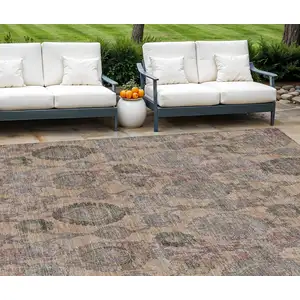 Photo of Coral Gray And Green Damask Washable Indoor Outdoor Area Rug