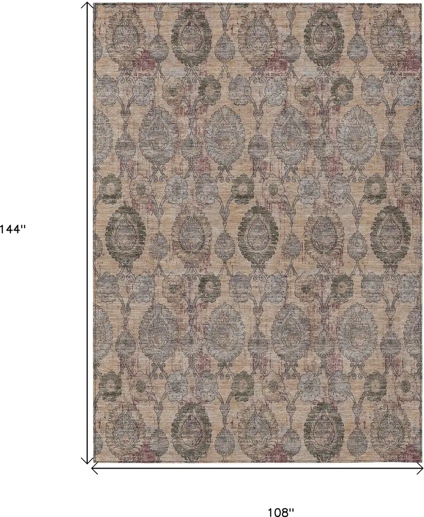 Coral Gray And Green Damask Washable Indoor Outdoor Area Rug Photo 3