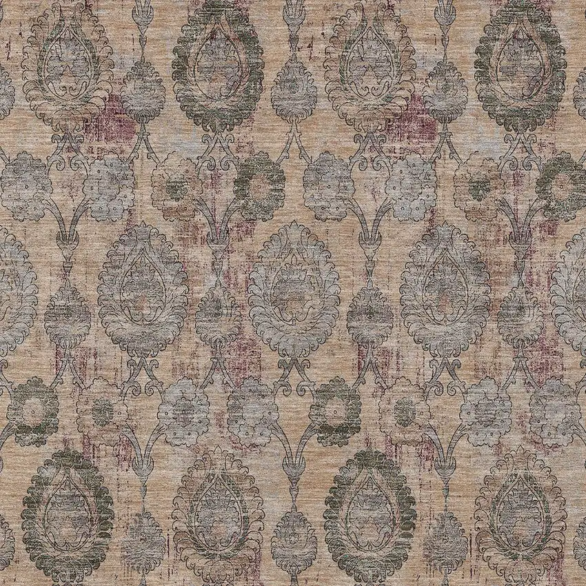 Coral Gray And Green Damask Washable Indoor Outdoor Area Rug Photo 6