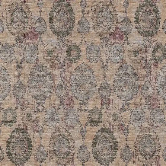 Coral Gray And Green Damask Washable Indoor Outdoor Area Rug Photo 6