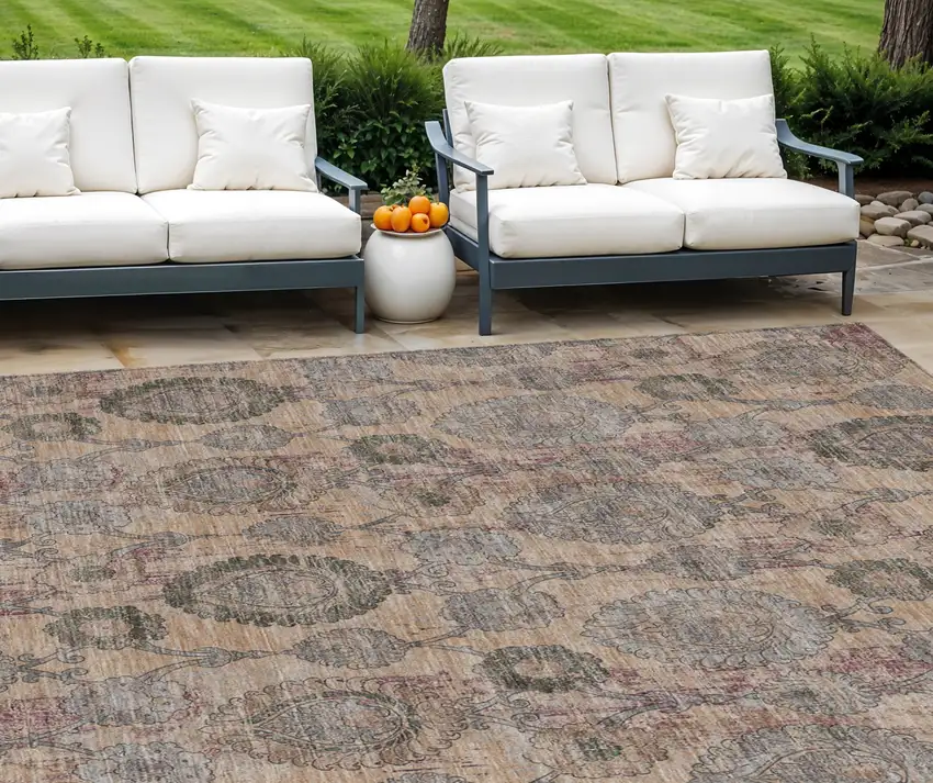 Coral Gray And Green Damask Washable Indoor Outdoor Area Rug Photo 1