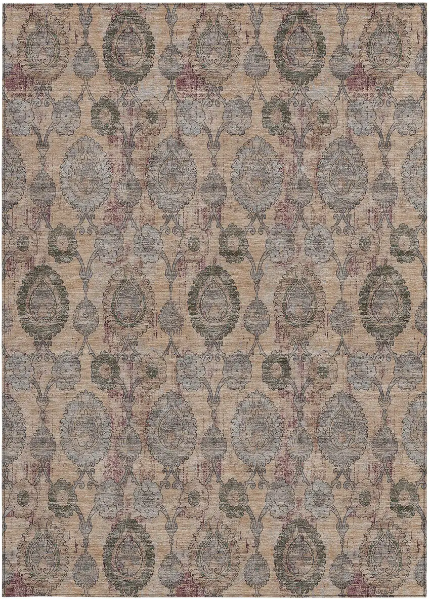 Coral Gray And Green Damask Washable Indoor Outdoor Area Rug Photo 7