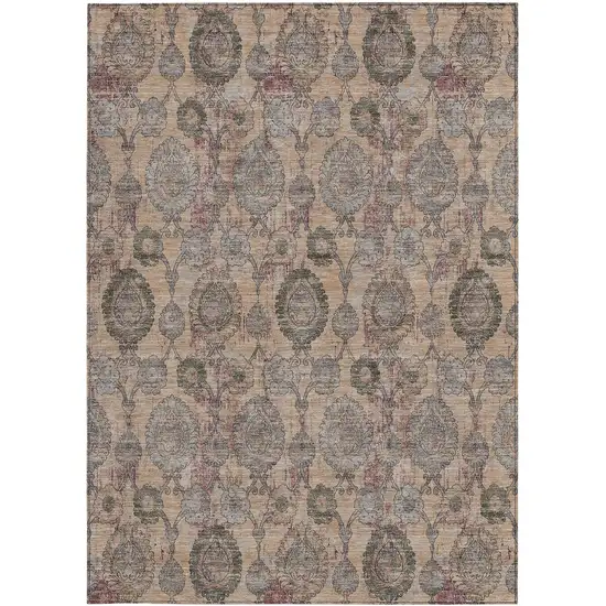 Coral Gray And Green Damask Washable Indoor Outdoor Area Rug Photo 7