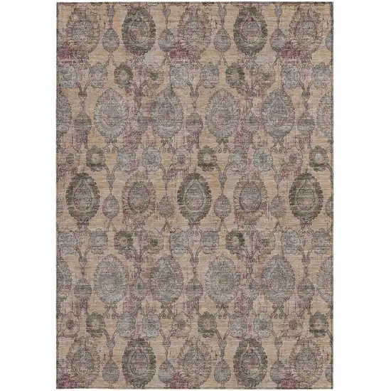 Coral Gray And Green Damask Washable Indoor Outdoor Area Rug Photo 7