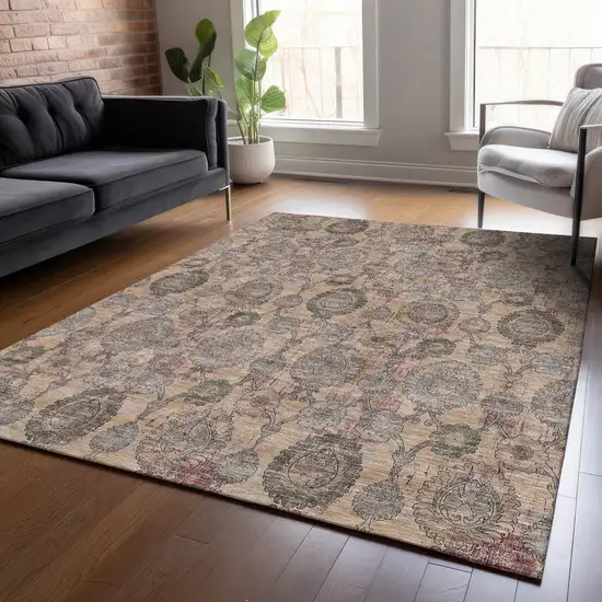 Coral Gray And Green Damask Washable Indoor Outdoor Area Rug Photo 9