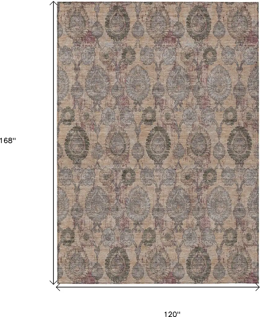 Coral Gray And Green Damask Washable Indoor Outdoor Area Rug Photo 3
