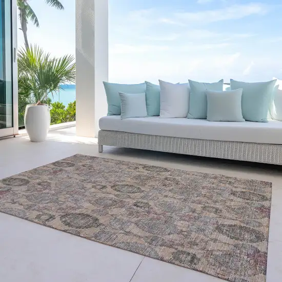 Coral Gray And Green Damask Washable Indoor Outdoor Area Rug Photo 8