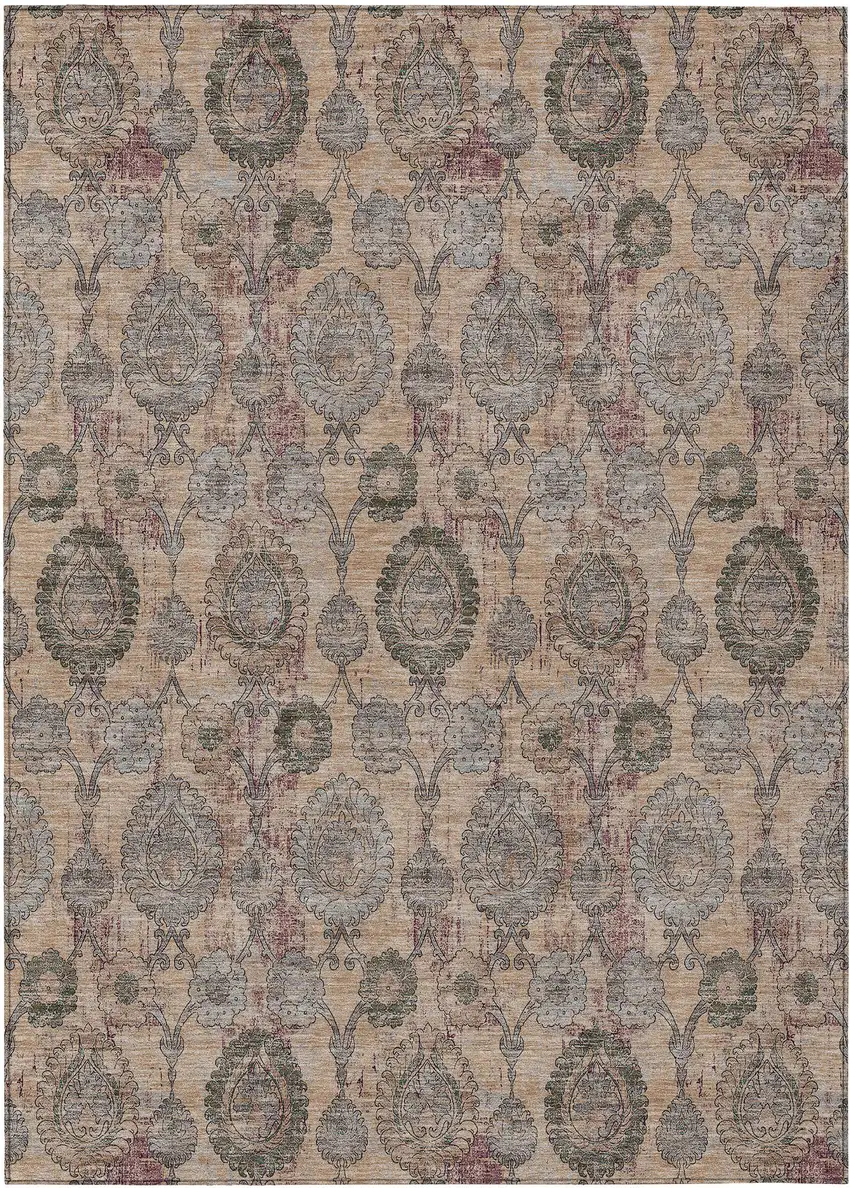 Coral Gray And Green Damask Washable Indoor Outdoor Area Rug Photo 2