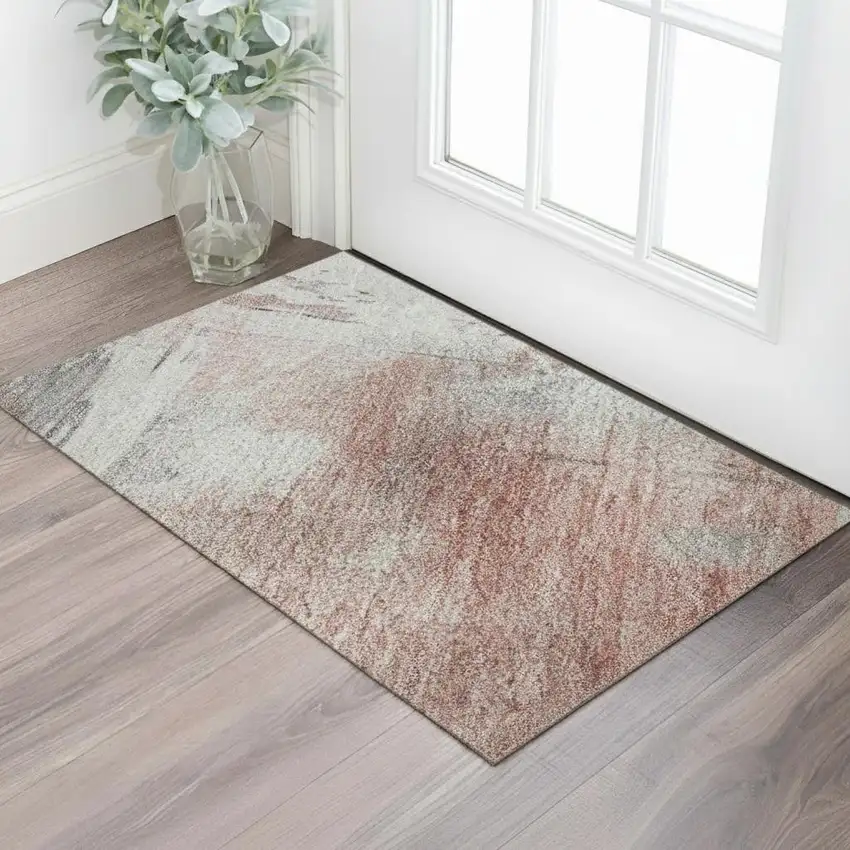 Coral Gray And Ivory Abstract Washable Area Rug With UV Protection Photo 2