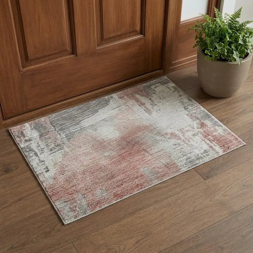 Coral Gray And Ivory Abstract Washable Area Rug With UV Protection Photo 1