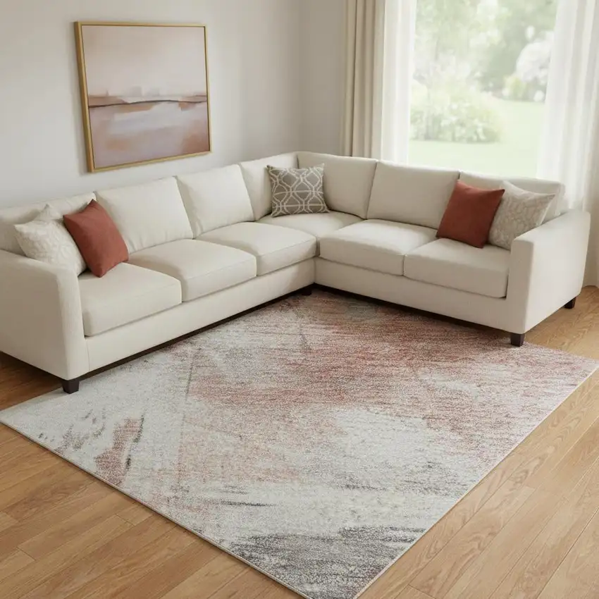 Coral Gray And Ivory Abstract Washable Area Rug With UV Protection Photo 2