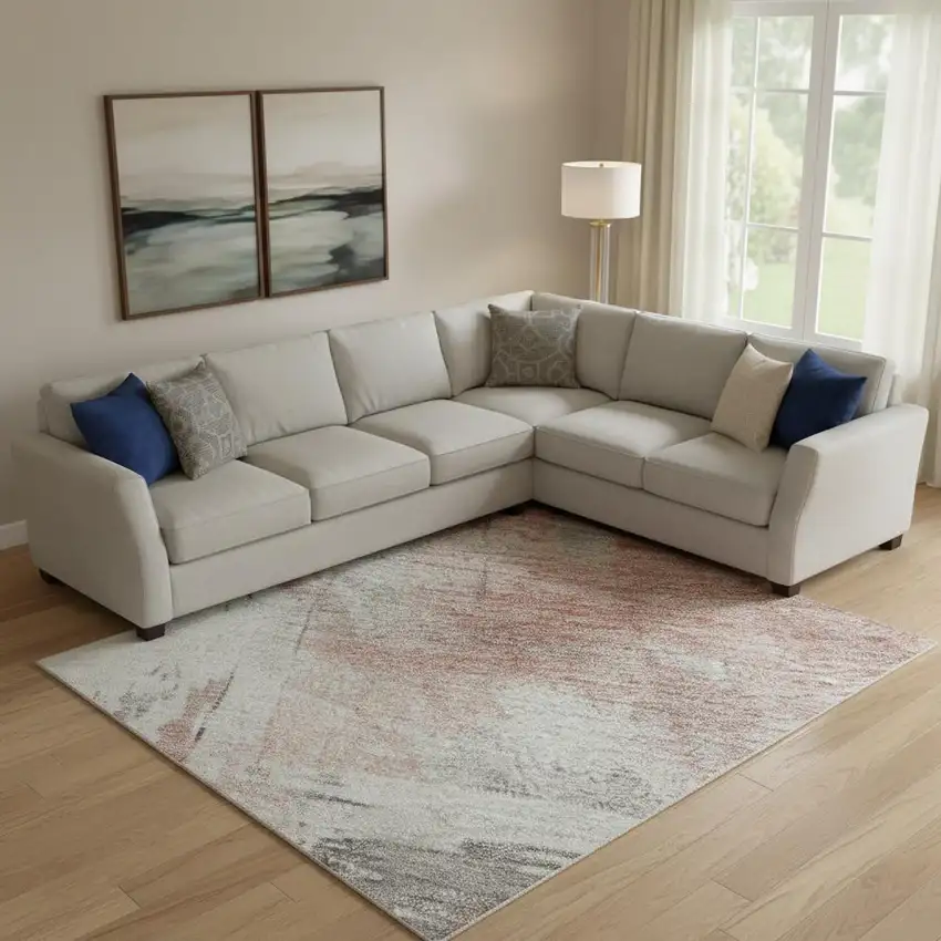 Coral Gray And Ivory Abstract Washable Area Rug With UV Protection Photo 2