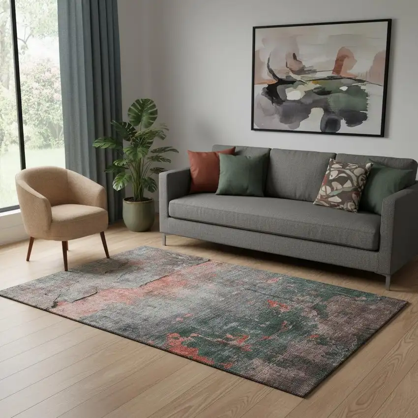 Coral Gray And Silver Abstract Washable Area Rug With UV Protection Photo 2