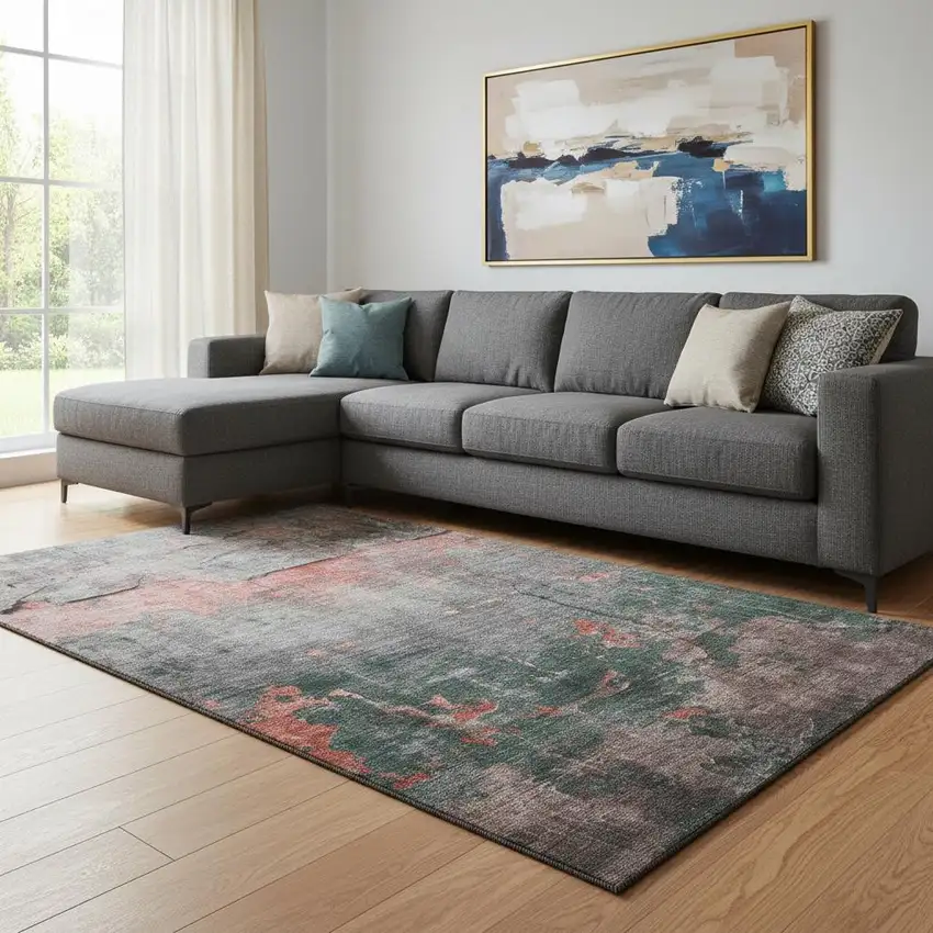Coral Gray And Silver Abstract Washable Area Rug With UV Protection Photo 2