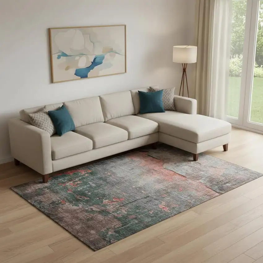 Coral Gray And Silver Abstract Washable Area Rug With UV Protection Photo 2