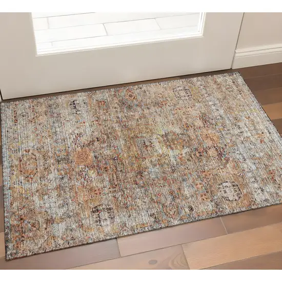 Coral Gray And Silver Floral Medallion Washable Area Rug With UV Protection Photo 1