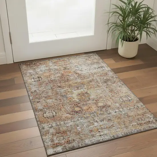 Coral Gray And Silver Floral Medallion Washable Area Rug With UV Protection Photo 2