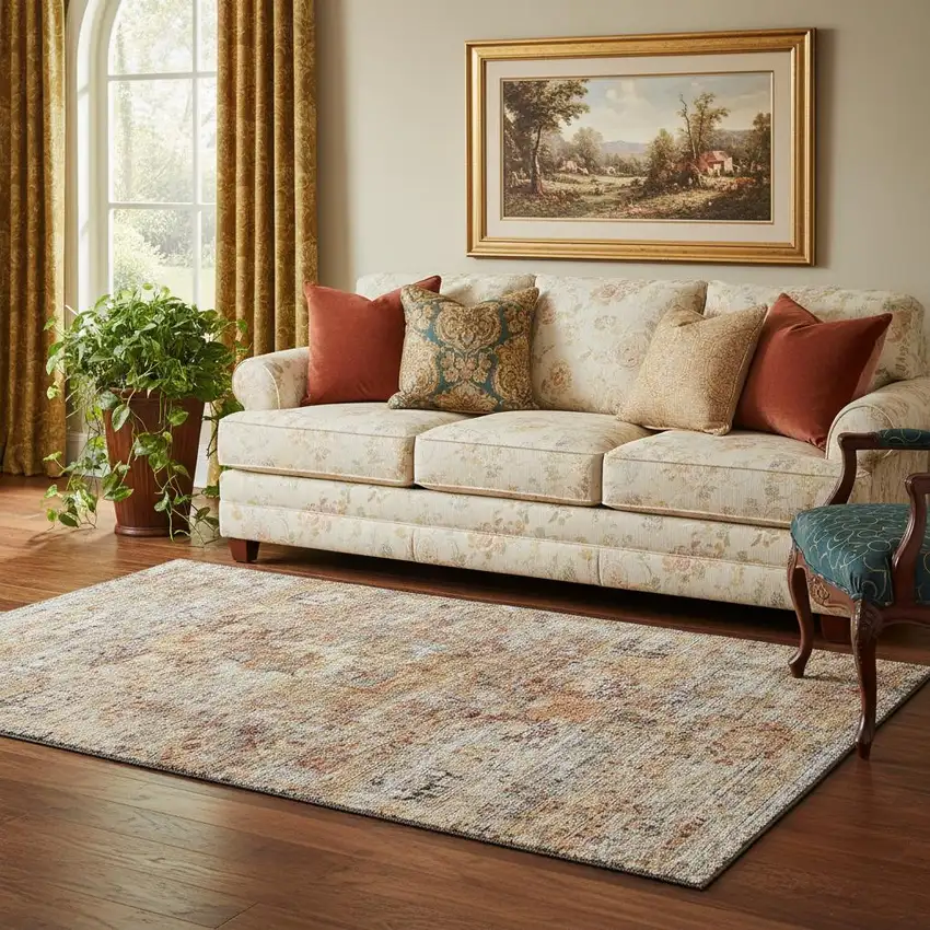 Coral Gray And Silver Floral Medallion Washable Area Rug With UV Protection Photo 2