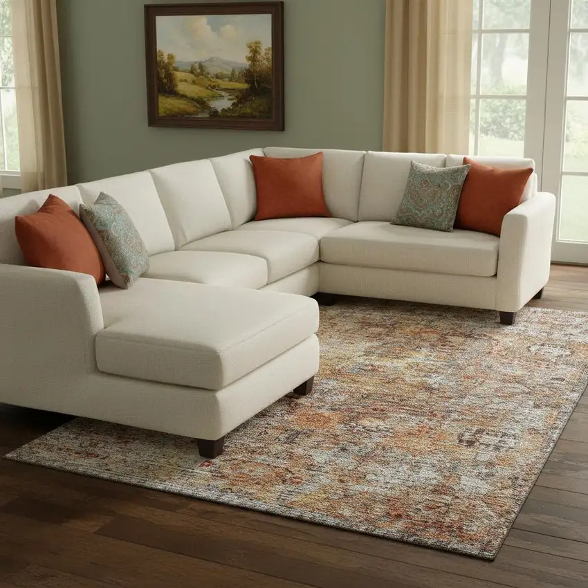 Coral Gray And Silver Floral Medallion Washable Area Rug With UV Protection Photo 2