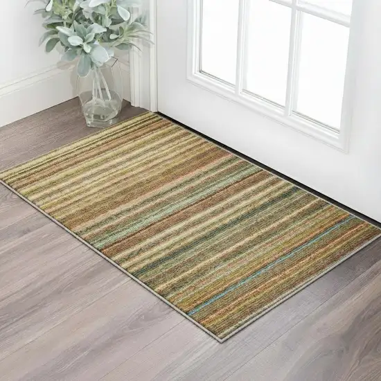 Coral Green And Blue Striped Washable Area Rug With UV Protection Photo 1