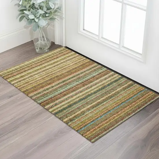Coral Green And Blue Striped Washable Area Rug With UV Protection Photo 1