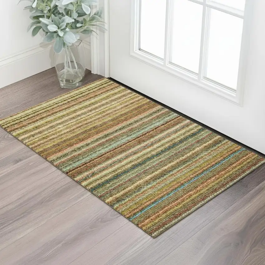 Coral Green And Blue Striped Washable Area Rug With UV Protection Photo 1