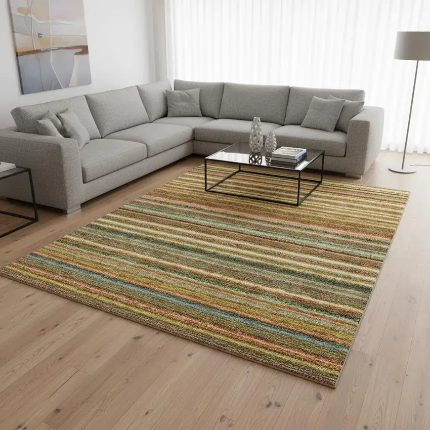 Coral Green And Blue Striped Washable Area Rug With UV Protection Photo 2