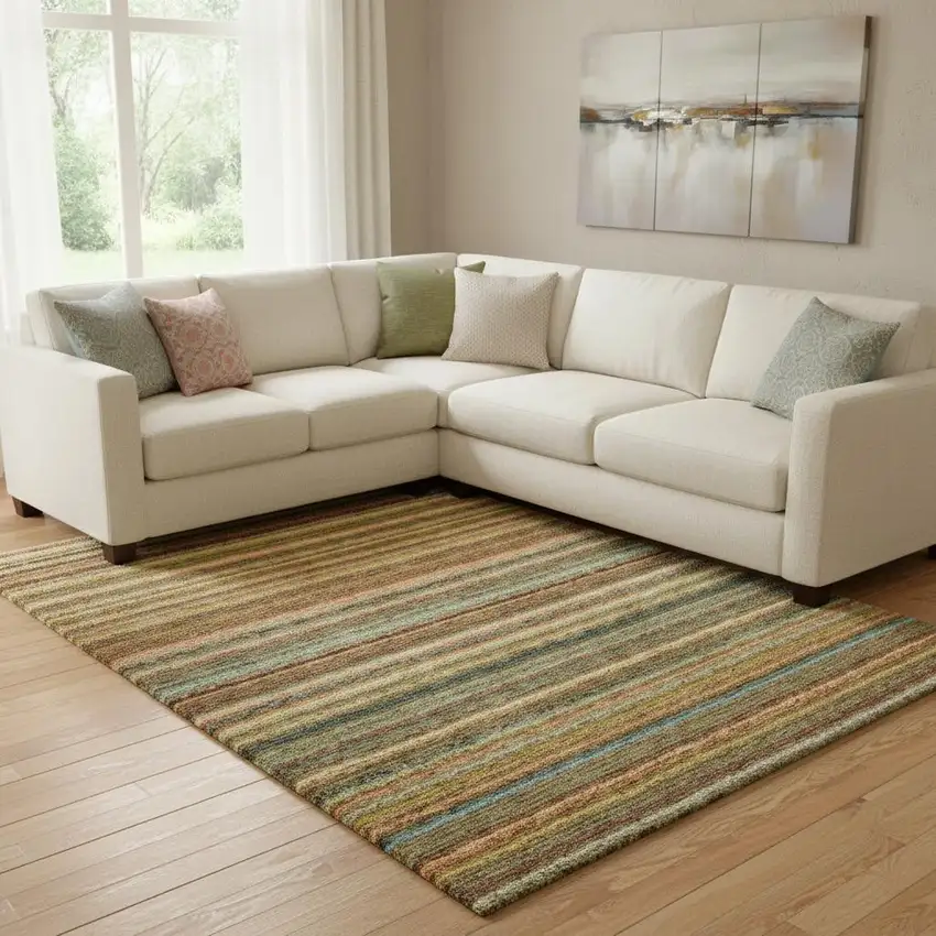 Coral Green And Blue Striped Washable Area Rug With UV Protection Photo 1