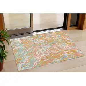 Photo of Coral Green And Copper Abstract Washable Indoor Outdoor Area Rug