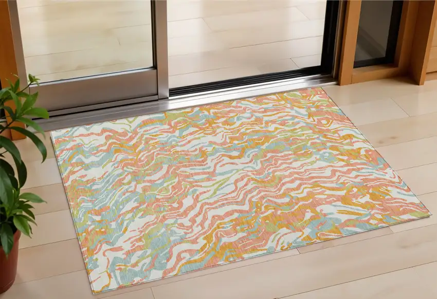 Coral Green And Copper Abstract Washable Indoor Outdoor Area Rug Photo 1