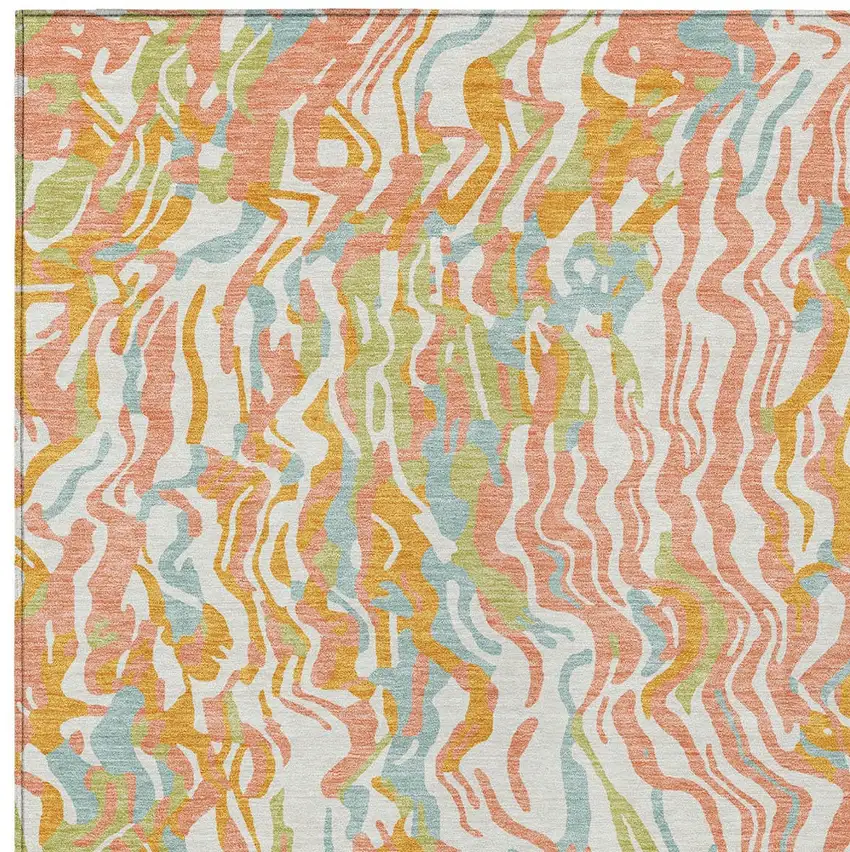 Coral Green And Copper Abstract Washable Indoor Outdoor Area Rug Photo 7
