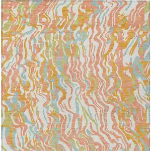 Photo of Coral Green And Copper Abstract Washable Indoor Outdoor Area Rug